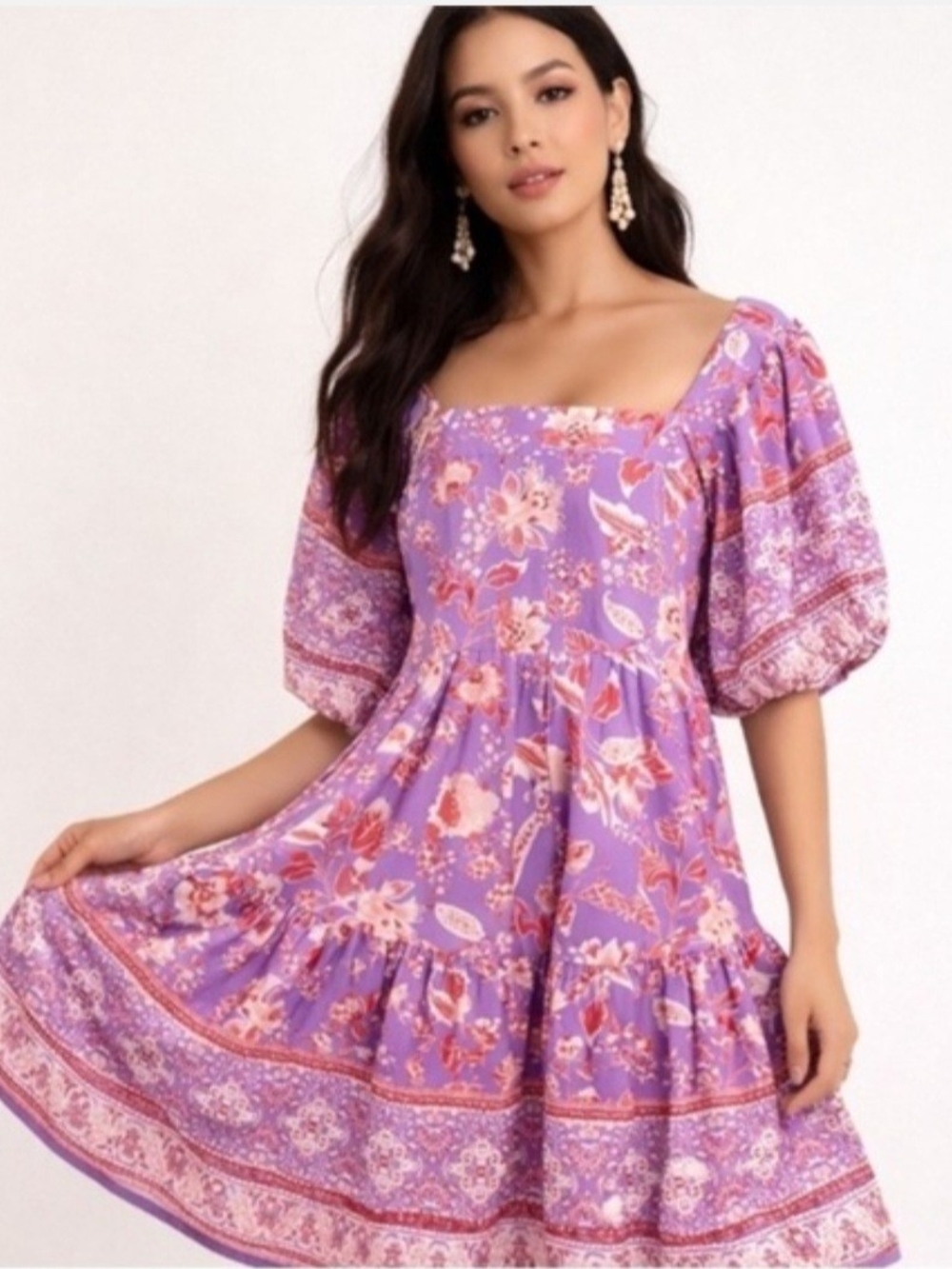 Band Of The Free Lavender Floral Square-Neck Puff-Sleeve Mini Dress